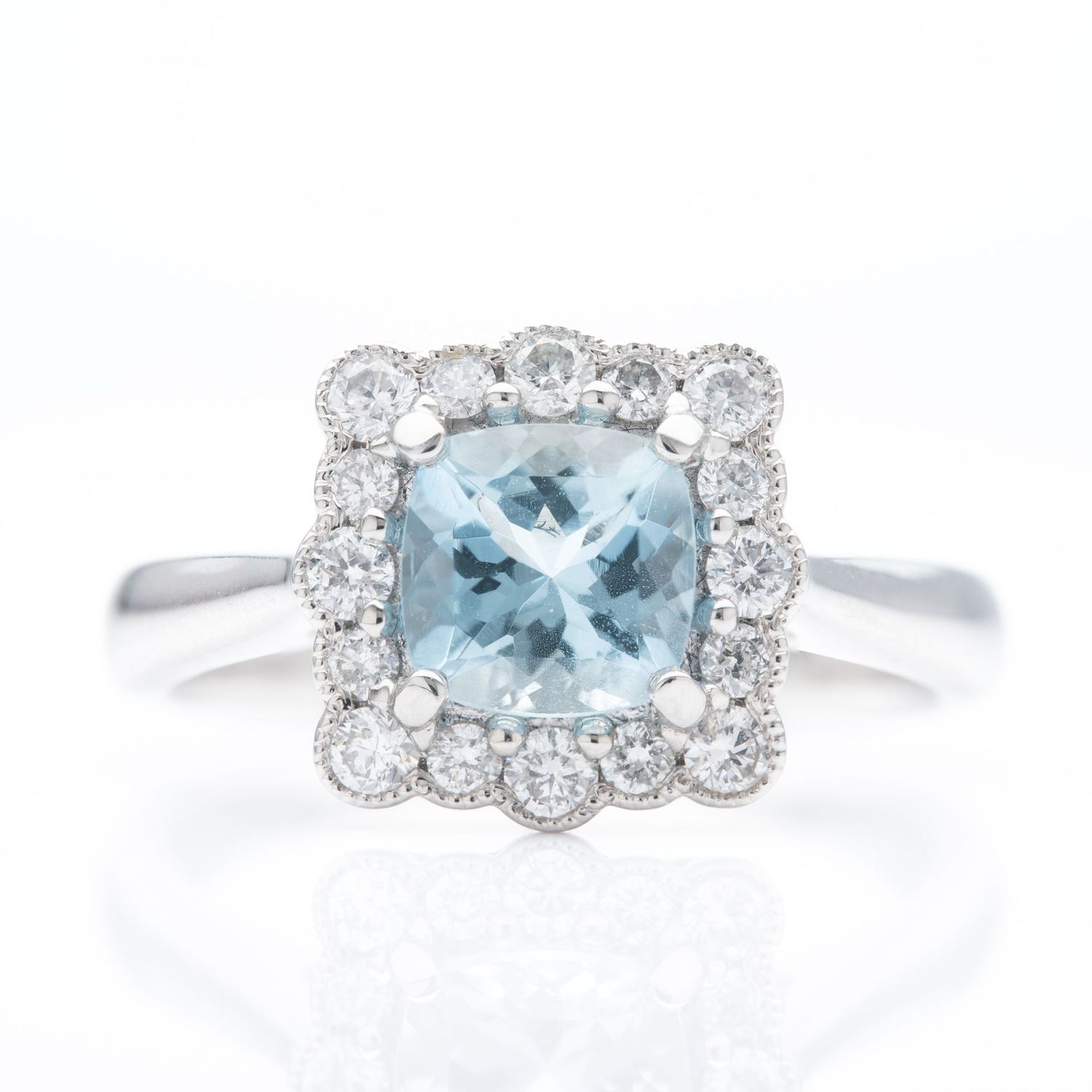 Platinum Cushion Cut Aquamarine & Round Brilliant Cut Diamond Vintage Inspired Halo Ring