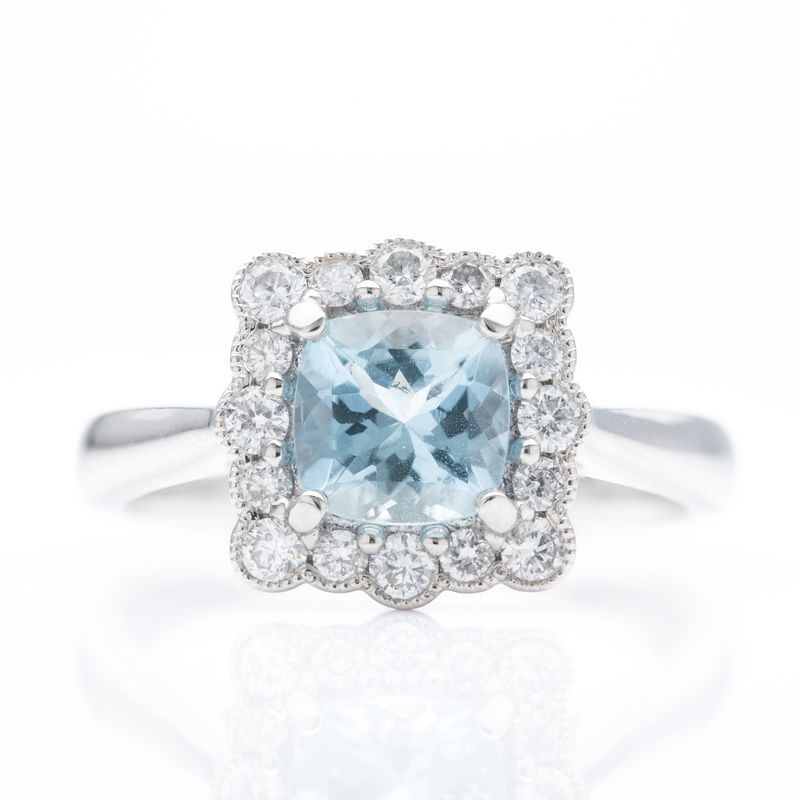 Platinum Cushion Cut Aquamarine & Round Brilliant Cut Diamond Vintage Inspired Halo Ring