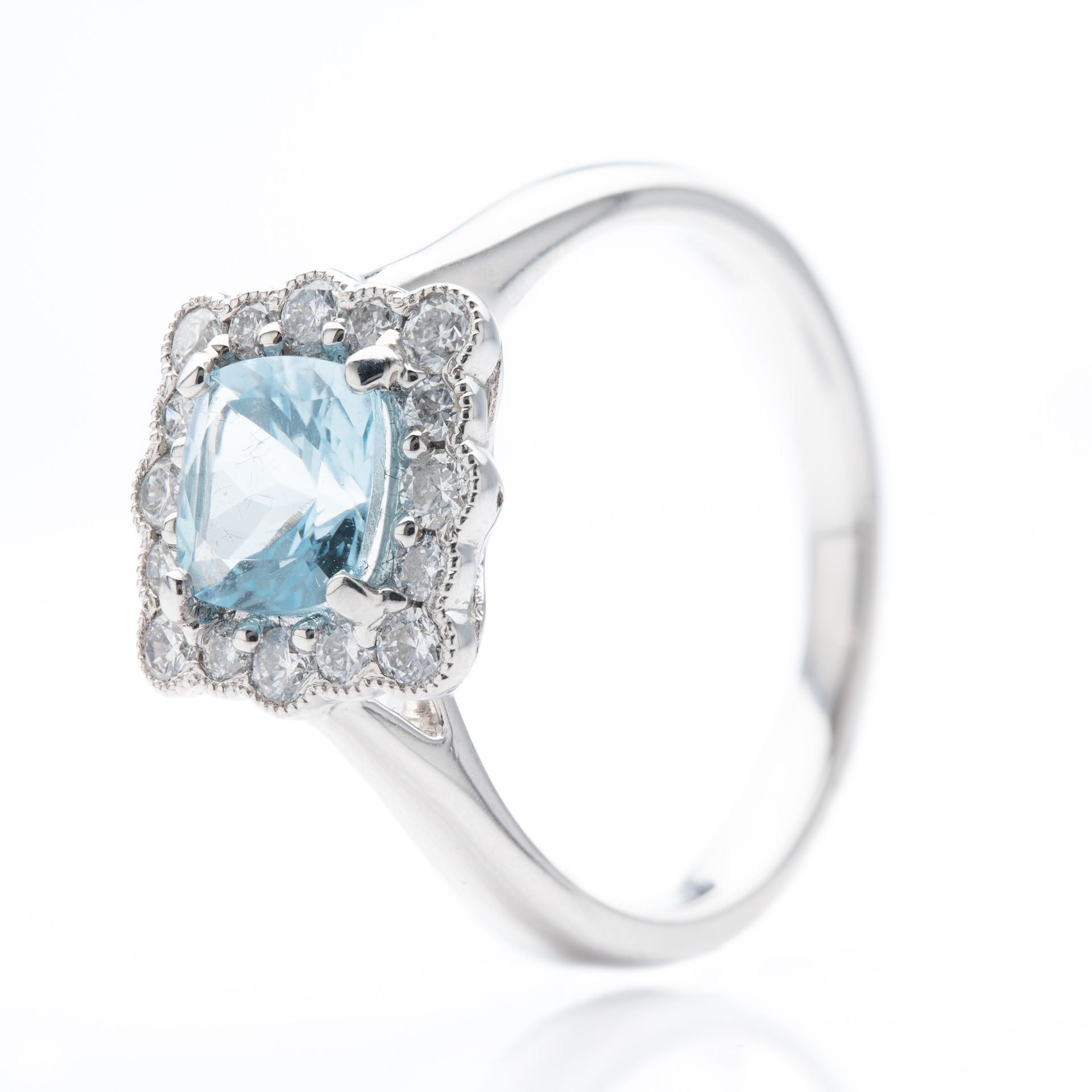 Platinum Cushion Cut Aquamarine & Round Brilliant Cut Diamond Vintage Inspired Halo Ring