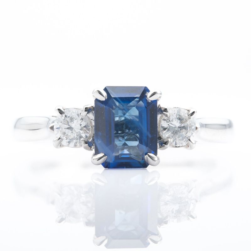 Platinum Emerald cut Sapphire and Diamond Trilogy Ring