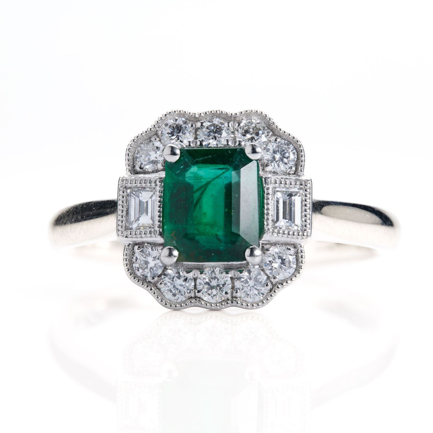Platinum Octagonal Cut Emerald & Round Brilliant Cut Diamond Vintage Inspired Halo Cluster Ring