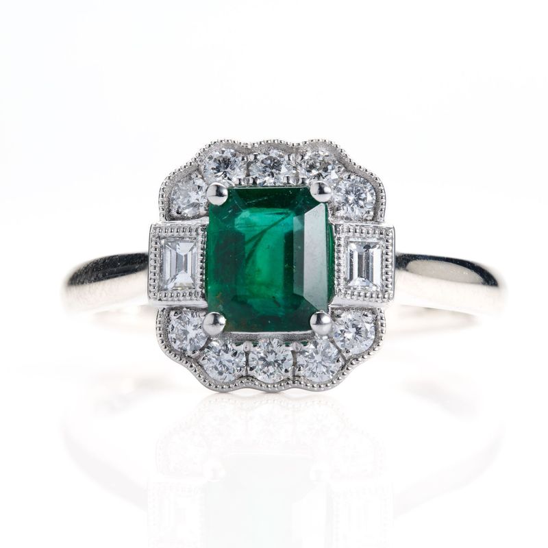 Platinum Octagonal Cut Emerald & Round Brilliant Cut Diamond Vintage Inspired Halo Cluster Ring