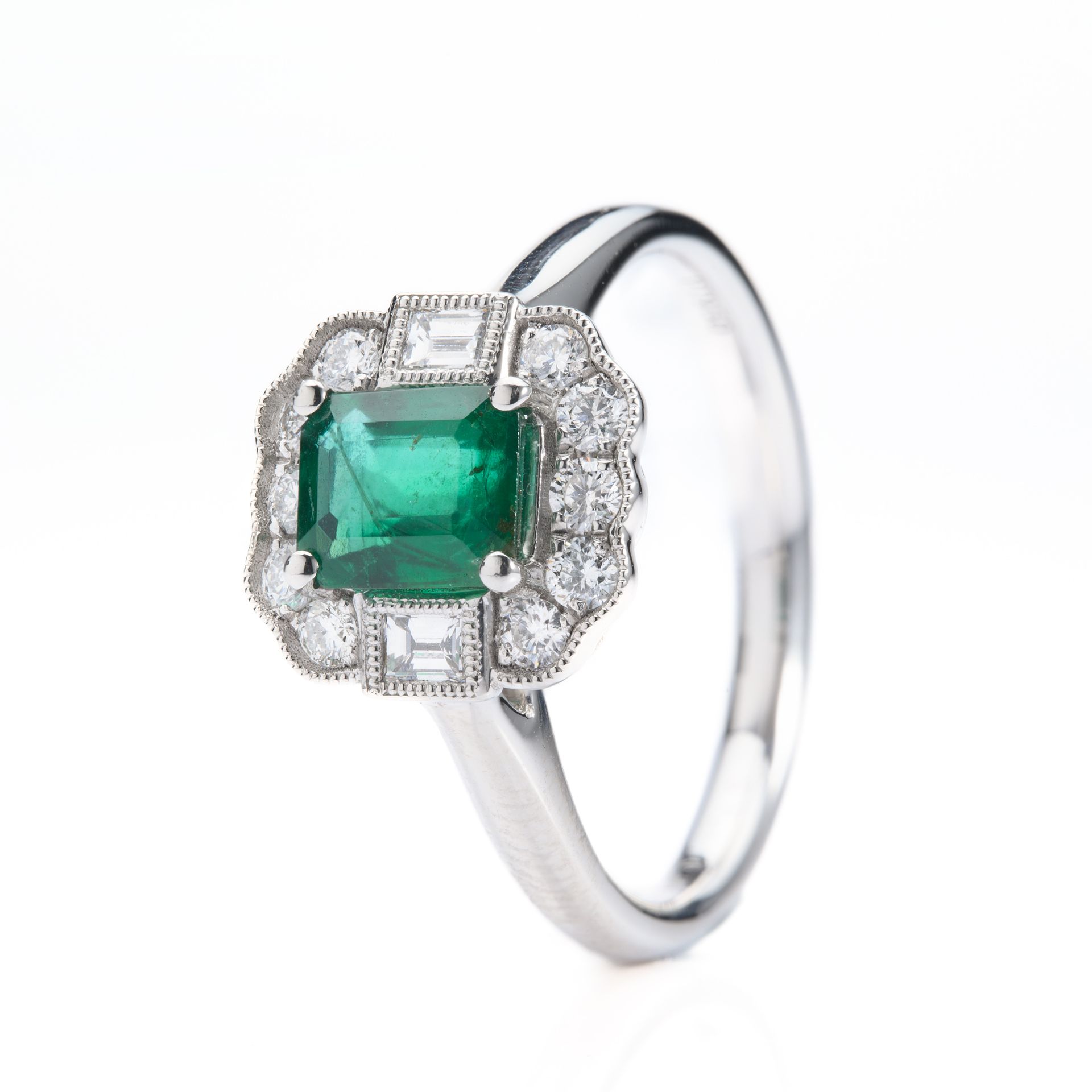 Platinum Octagonal Cut Emerald & Round Brilliant Cut Diamond Vintage Inspired Halo Cluster Ring