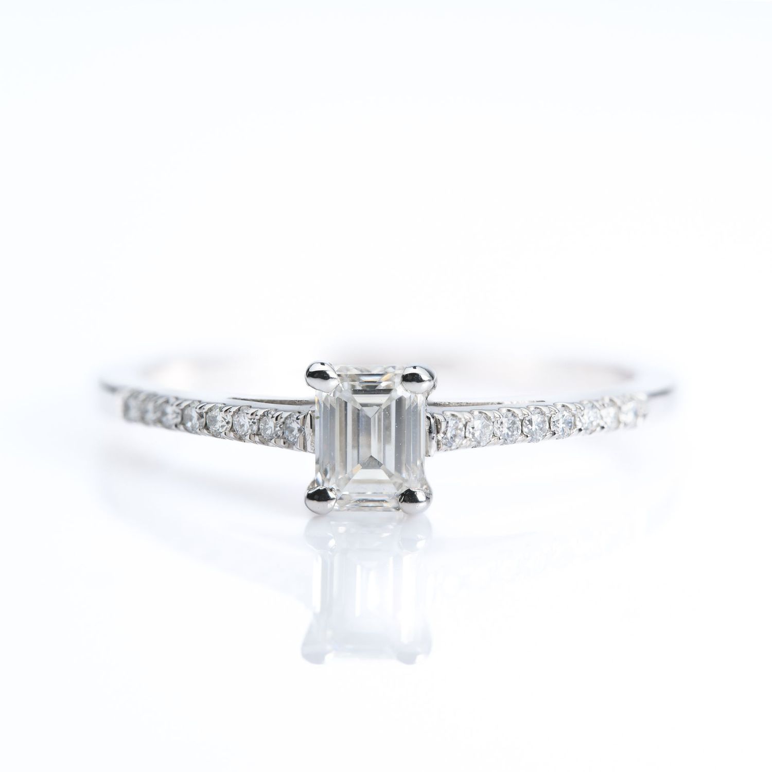 Platinum GIA Certified Emerald Cut Diamond Solitaire Ring with Diamond Set Shoulders