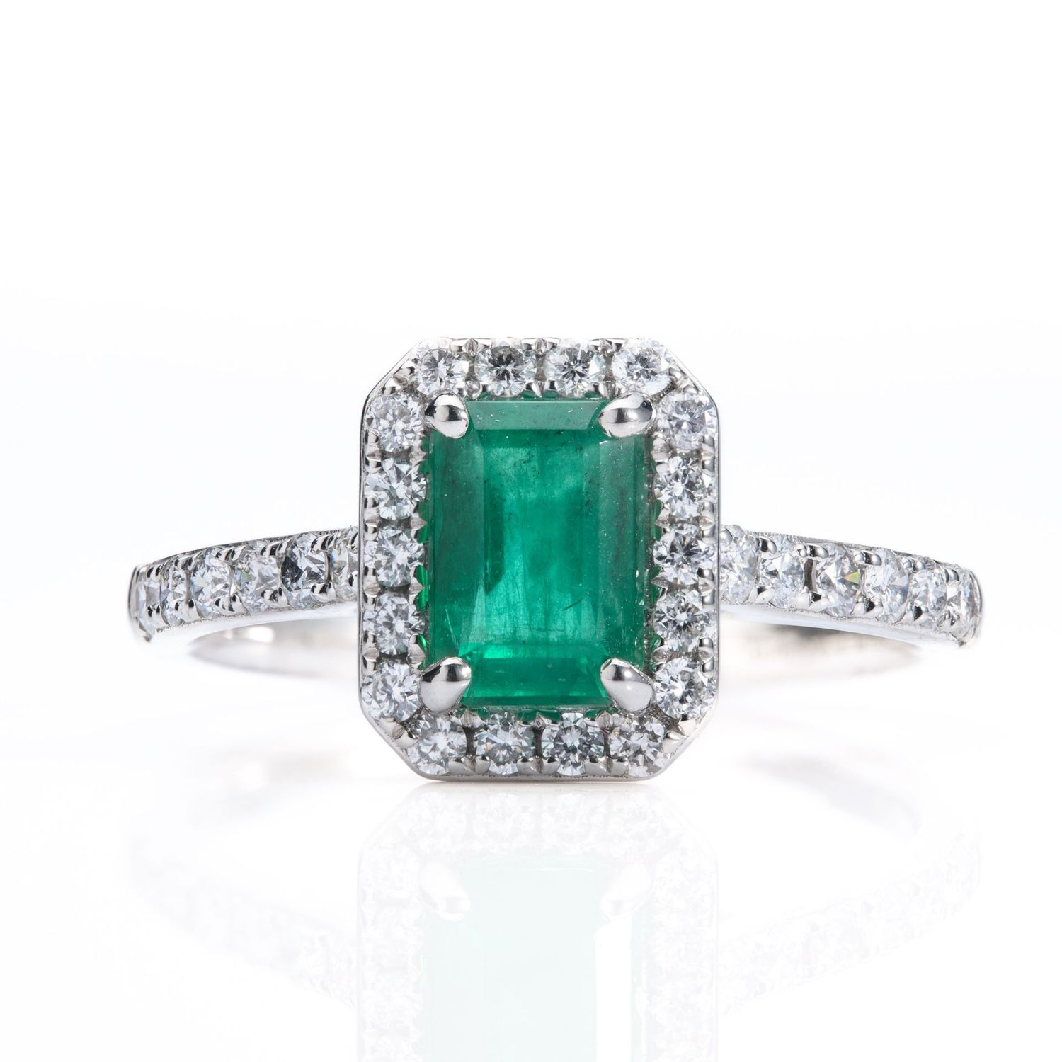Platinum Rectangular Cut Emerald & Round Brilliant Cut Diamond Halo Cluster Ring with Diamond Shoulders