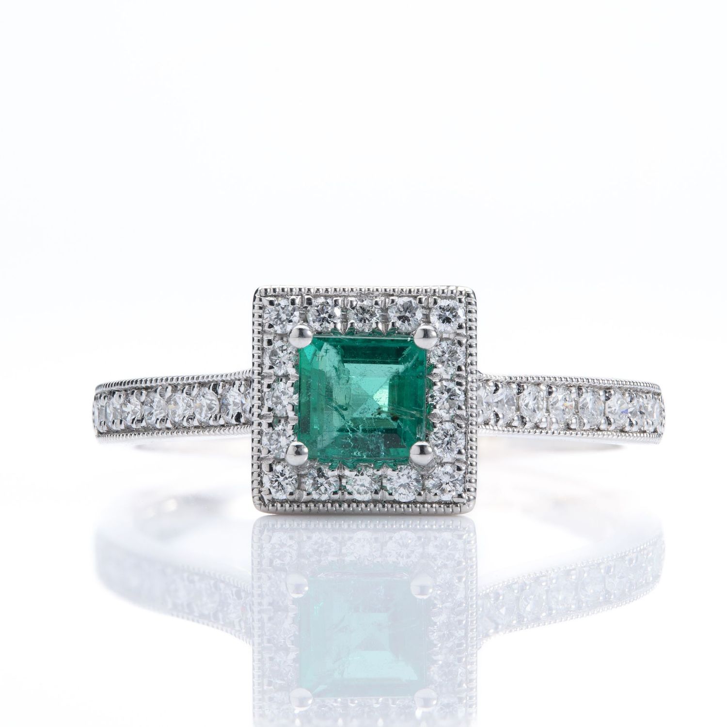 Platinum Princess Cut Emerald & Round Brilliant Cut Diamond Halo Cluster Ring with Diamond Shoulders
