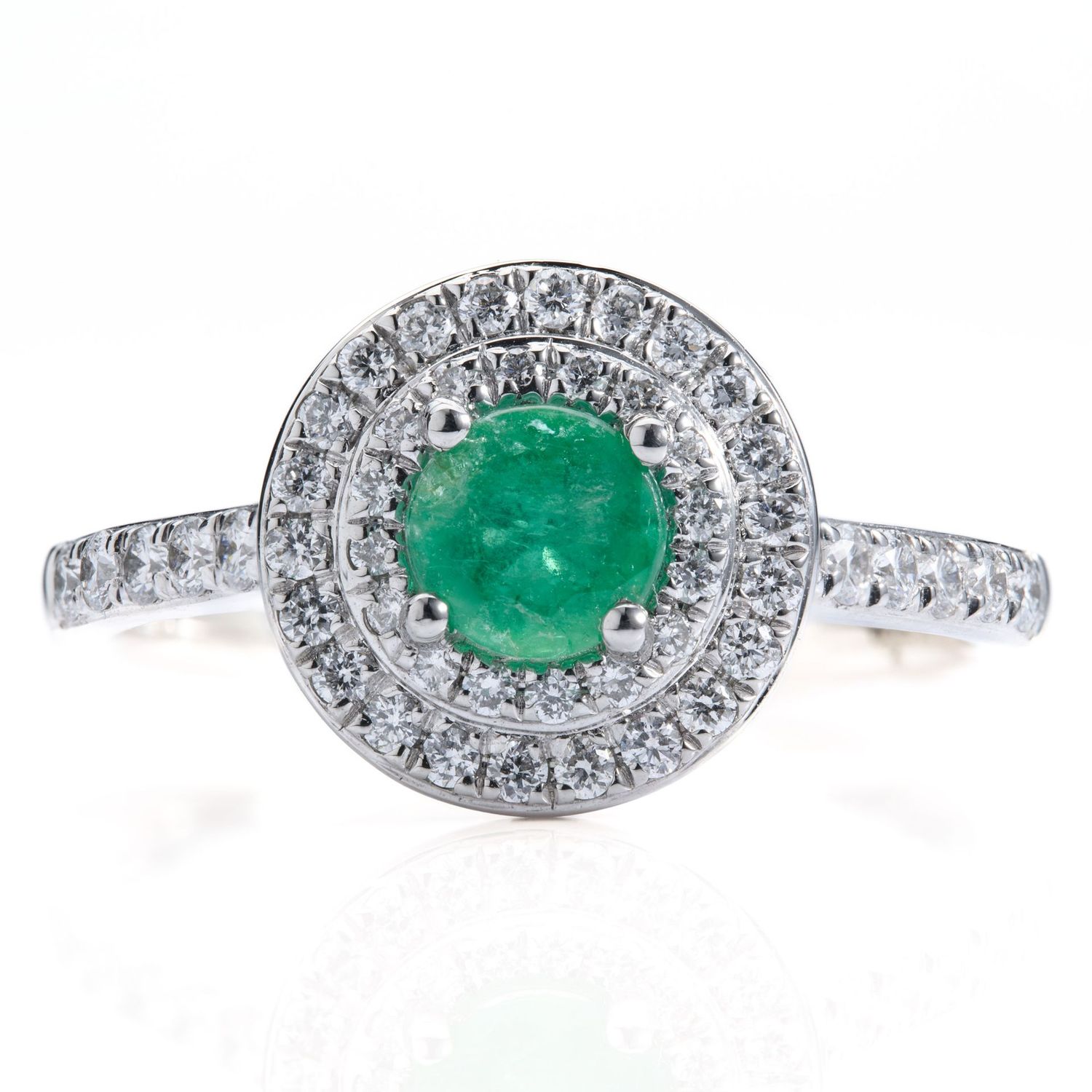 Platinum Round Cut Emerald & Round Brilliant Cut Diamond Double Halo Cluster Ring