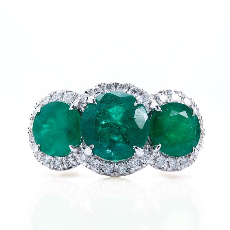 Platinum Round Cut Emerald & Round Brilliant Cut Diamond Triple Halo Cluster Ring