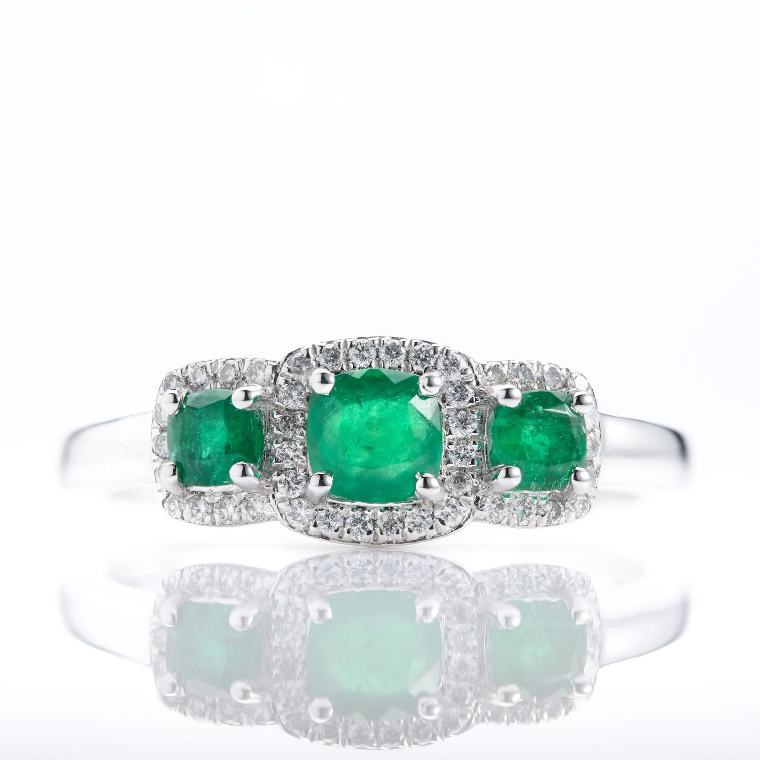 Platinum Round Cut Emerald & Round Brilliant Cut Diamond Triple Halo Cluster Ring
