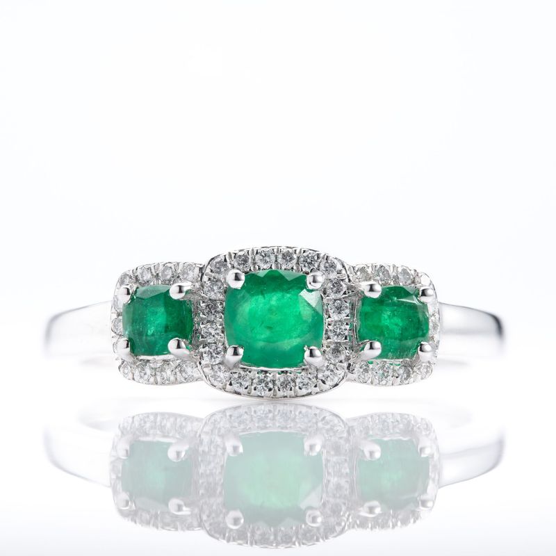 Platinum Round Cut Emerald & Round Brilliant Cut Diamond Triple Halo Cluster Ring