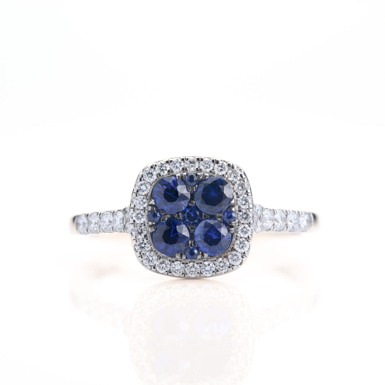 Platinum Round Cut Sapphire & Round Brilliant Cut Diamond Cushion Cluster Ring