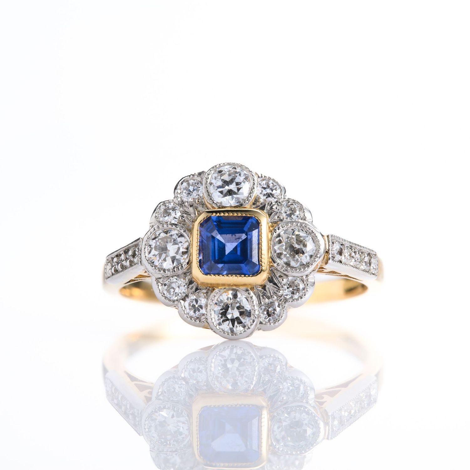 Pre-Loved 18ct Yellow Gold & Platinum Square Cut Sapphire & Round Brilliant Cut Diamond Cluster Ring
