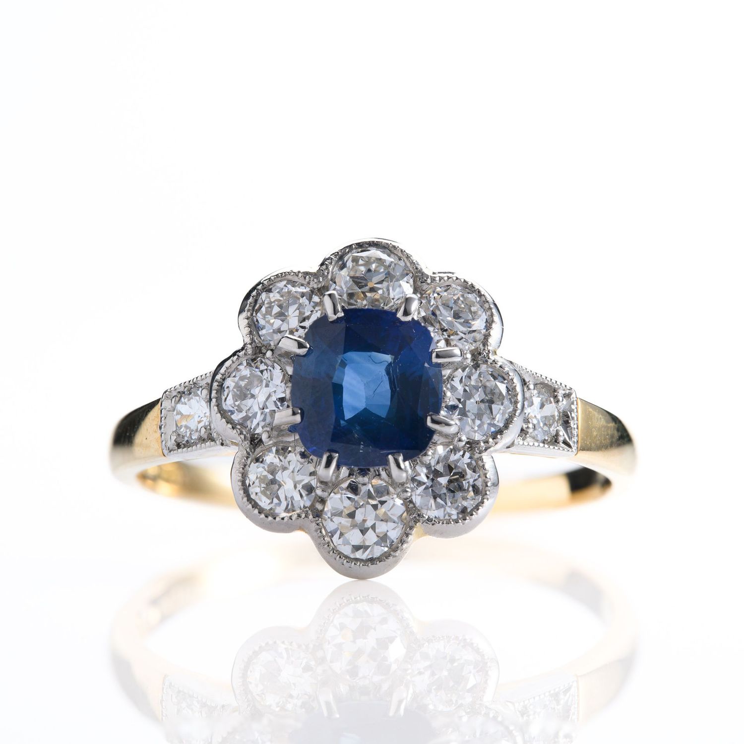 Pre-Loved 18ct Yellow Gold & Platinum Round Cut Sapphire & Diamond Cluster Ring
