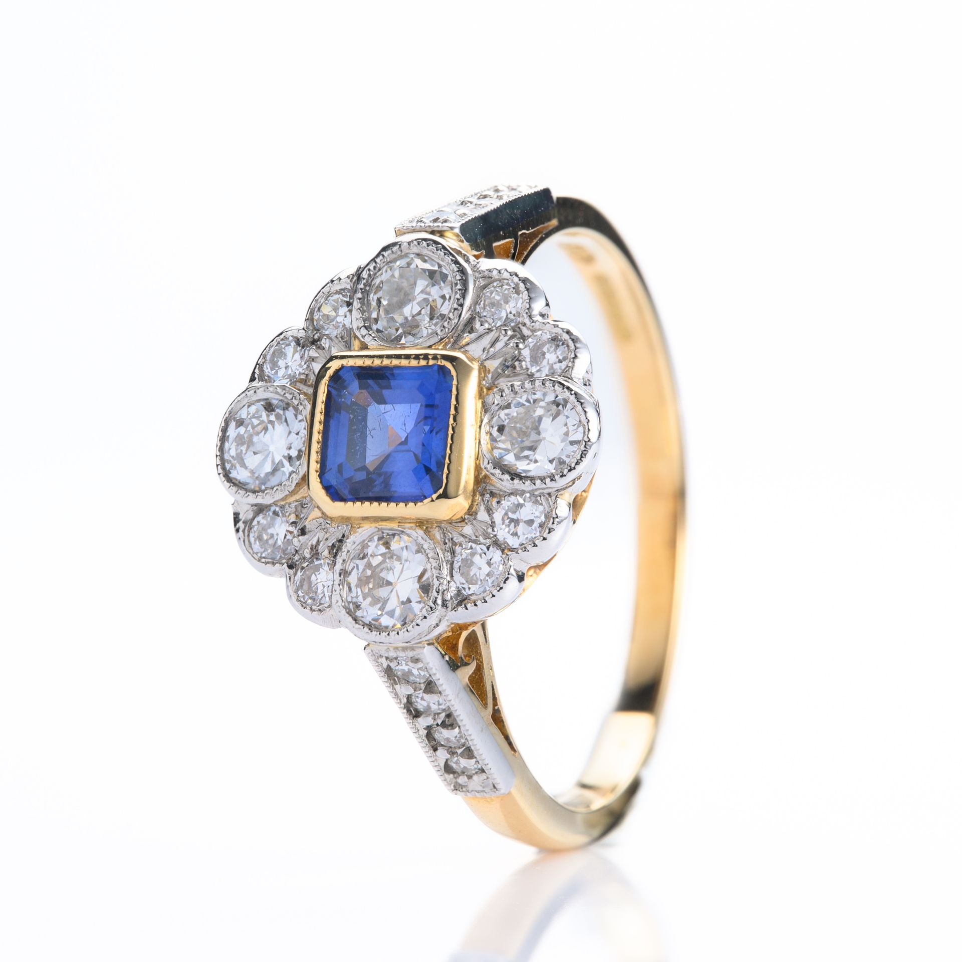 Pre-Loved 18ct Yellow Gold & Platinum Square Cut Sapphire & Round Brilliant Cut Diamond Cluster Ring
