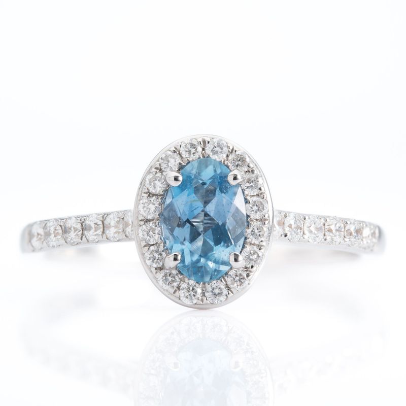 18ct White Gold Aquamarine & Diamond Halo Cluster Ring