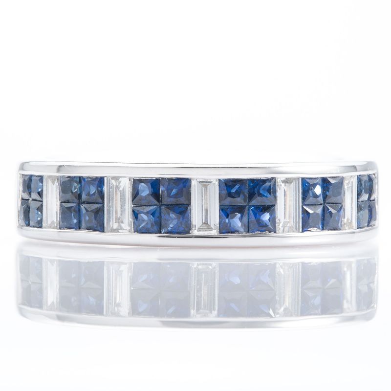 18ct White Gold Princess cut Sapphire and Baguette cut Diamond Eternity Ring