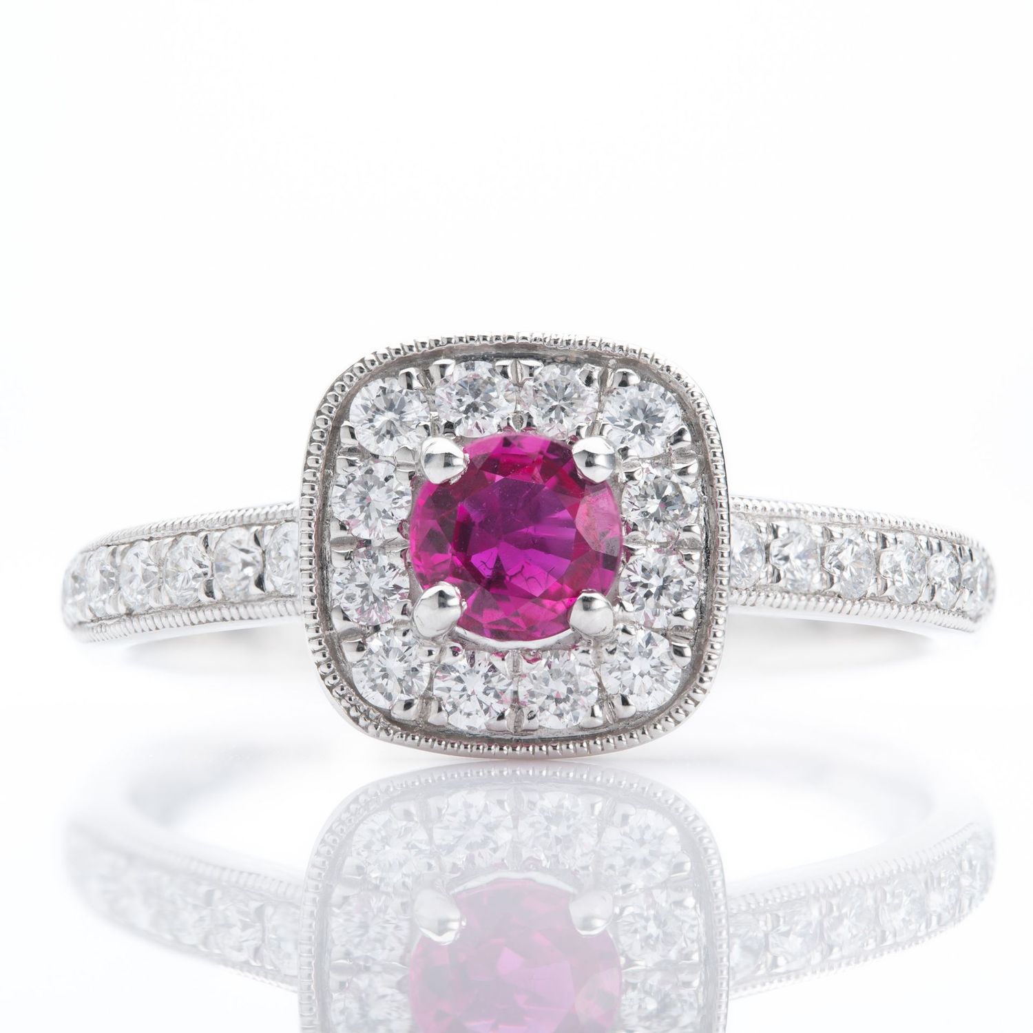 Platinum Ruby & Diamond Halo Cluster with Diamond Shoulders Platinum Ruby & Diamond Halo Cluster with Diamond Shoulders