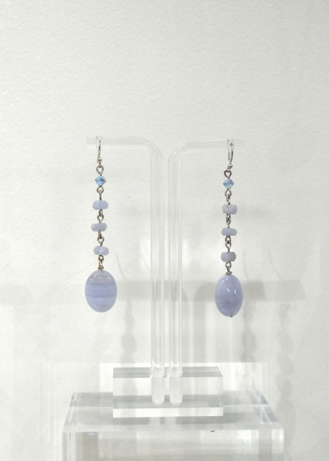 Blue Lace Agate Flat Oval Long Earrings