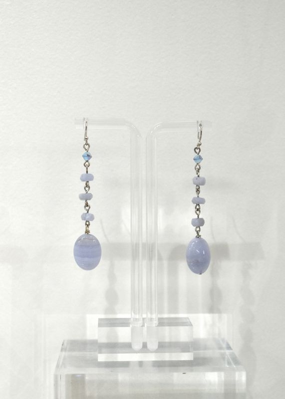 Blue Lace Agate Flat Oval Long Earrings