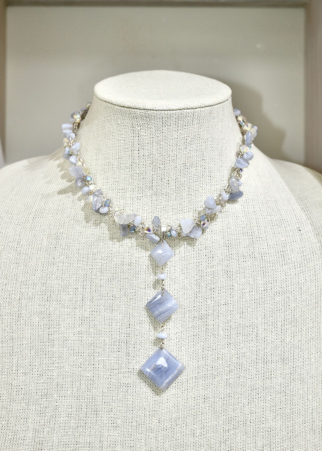 Blue Lace Agate Flat Square Wire Crochet Necklace