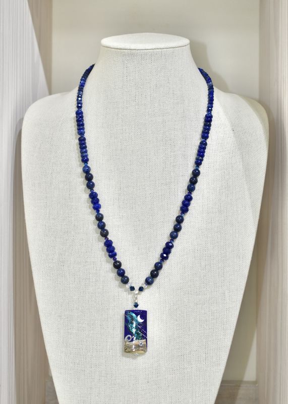 Lapis Lazuli Moon Art Glass Necklace