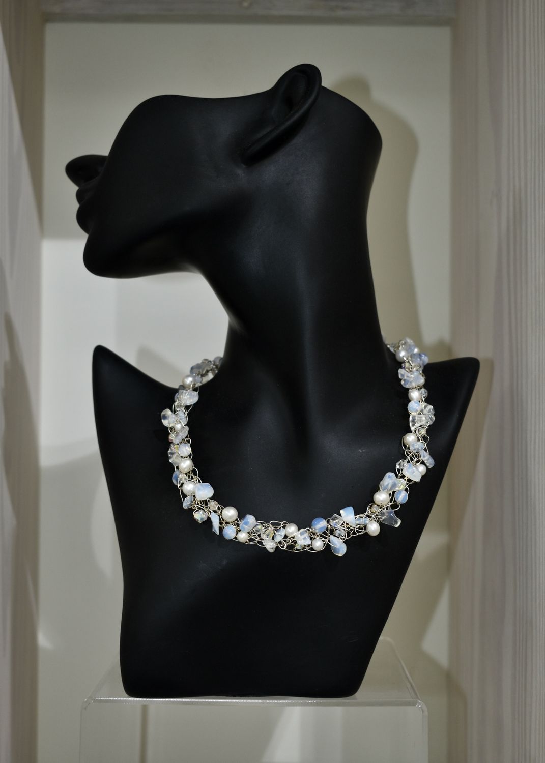 Moonstone &amp; Pearl Wire Crochet Necklace