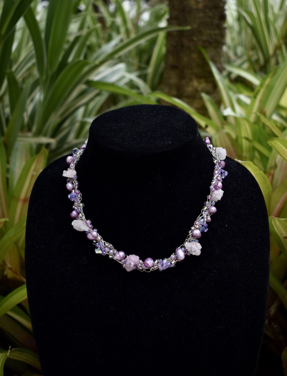 Lilac Druzy &amp; Fresh Water Pearl Necklace