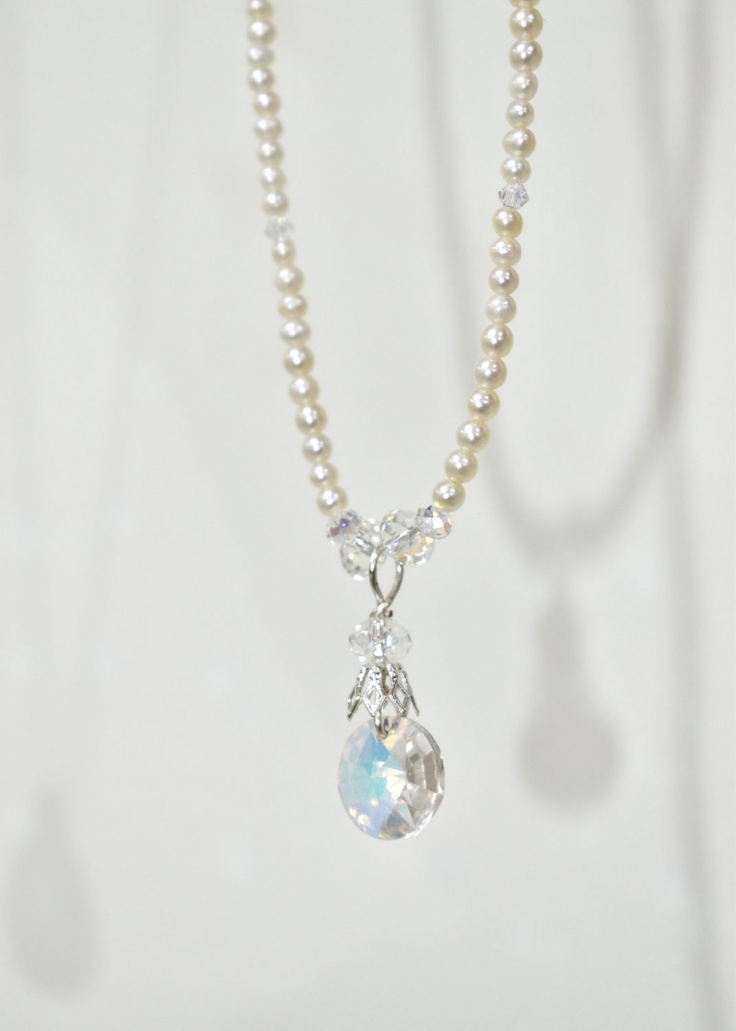 Tiny White Pearl &amp; Swarovski Pendant Necklace