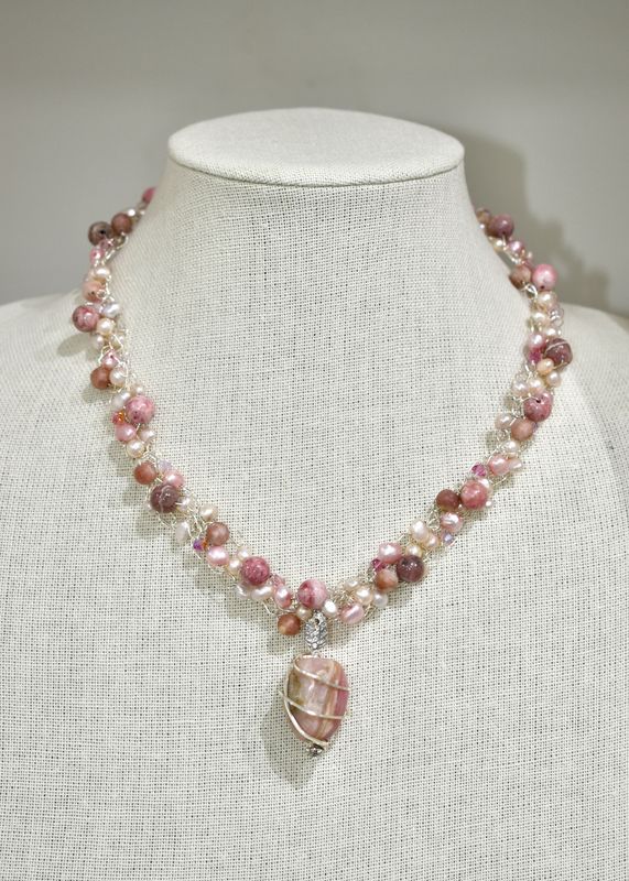 Rhodonite Wire Crochet Pendant Necklace
