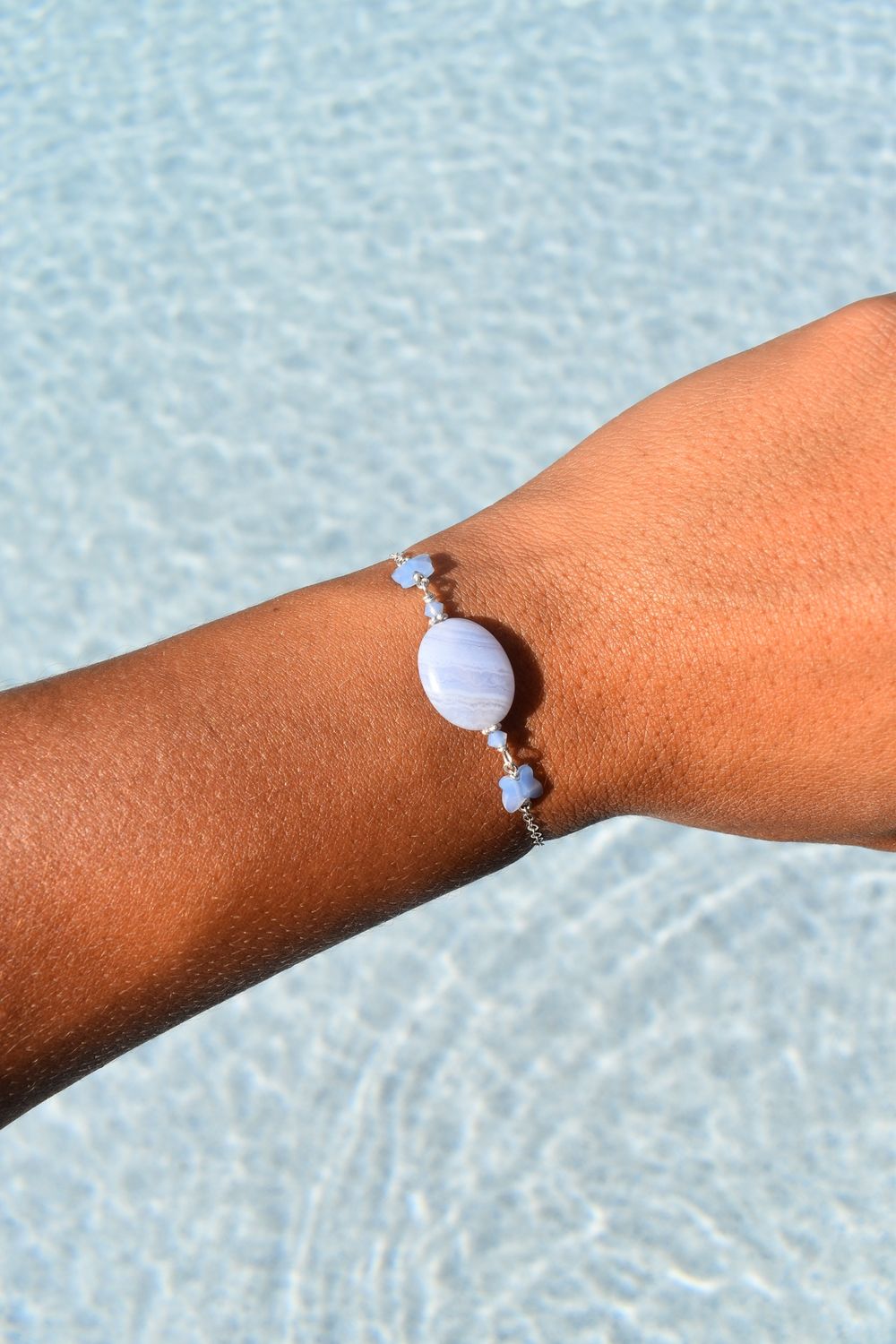 Blue Lace Agate Flat Oval Chain Bracelet