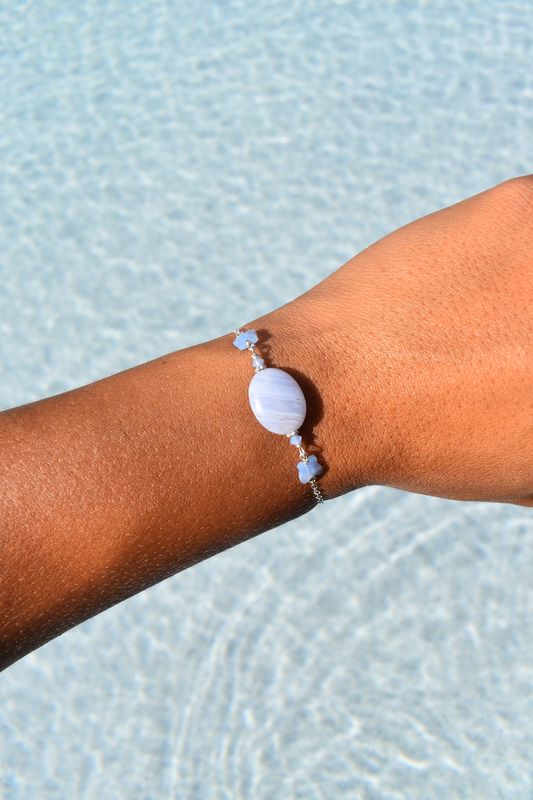 Blue Lace Agate Flat Oval Chain Bracelet
