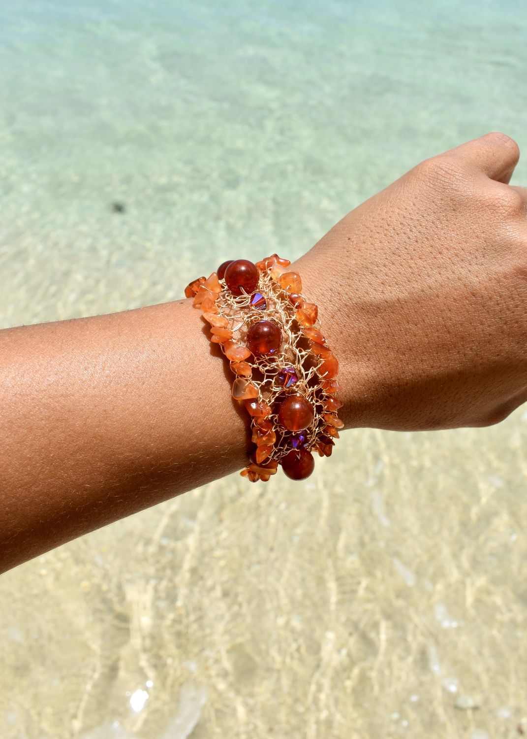 Carnelian Agate Bauble Wire Crochet Wide Bracelet