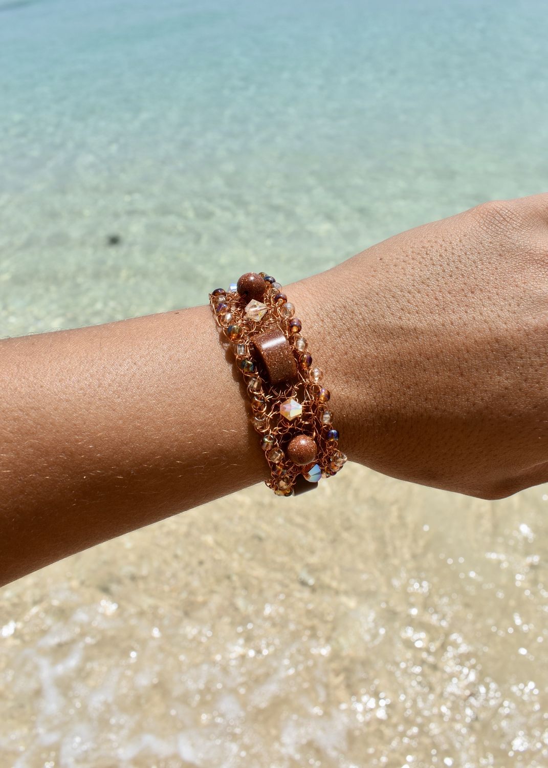 Goldstone Wire Crochet Wide Bracelet