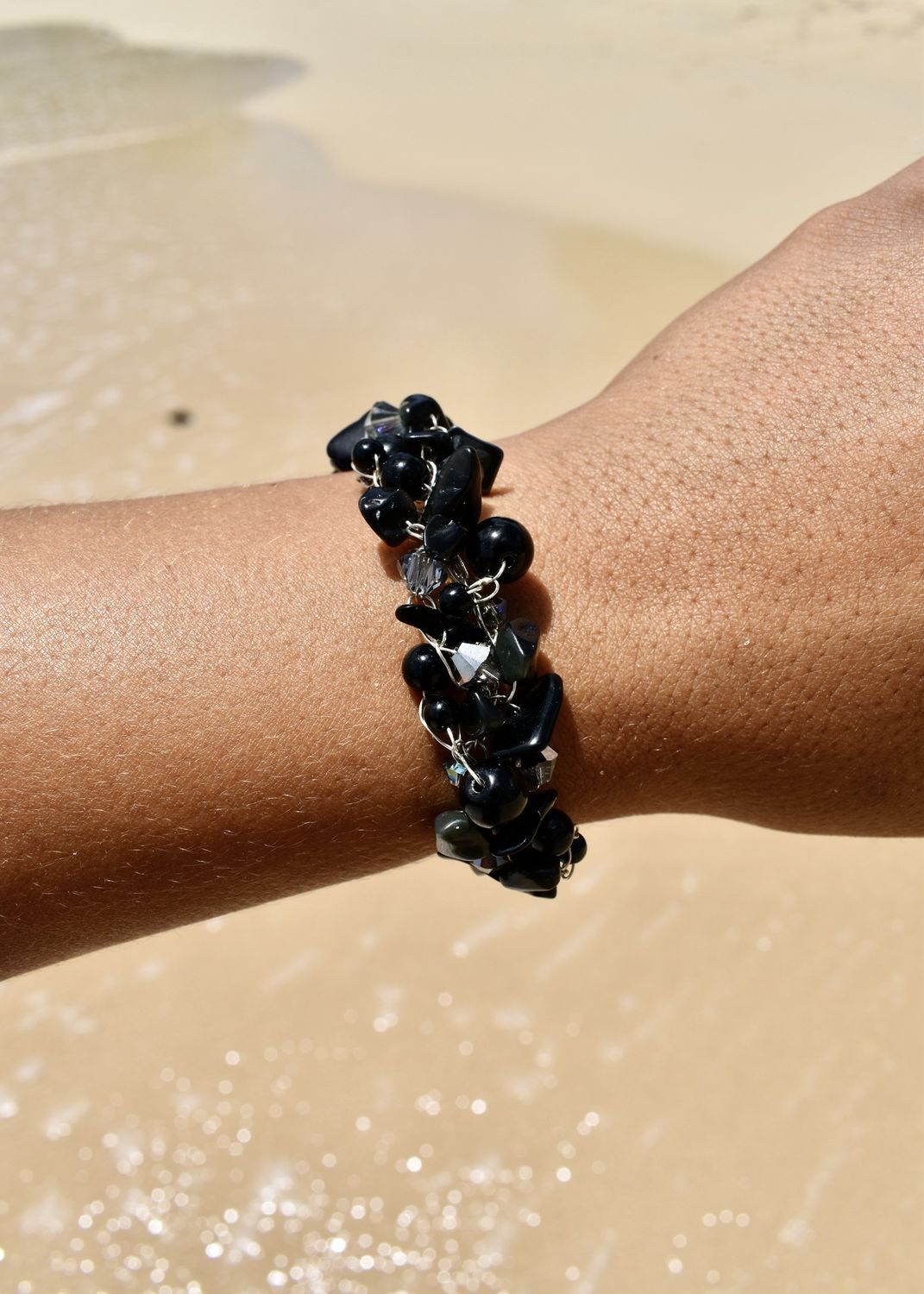 Onyx &amp; Swarovski Wire Crochet Bracelet