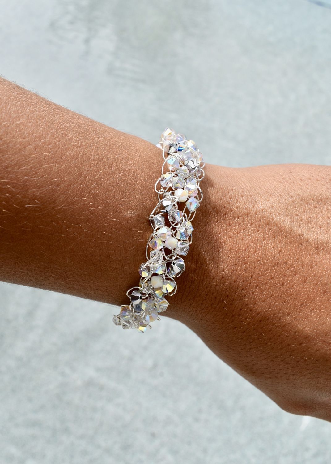 White &amp; Grey Swarovski Wire Crochet Bracelet