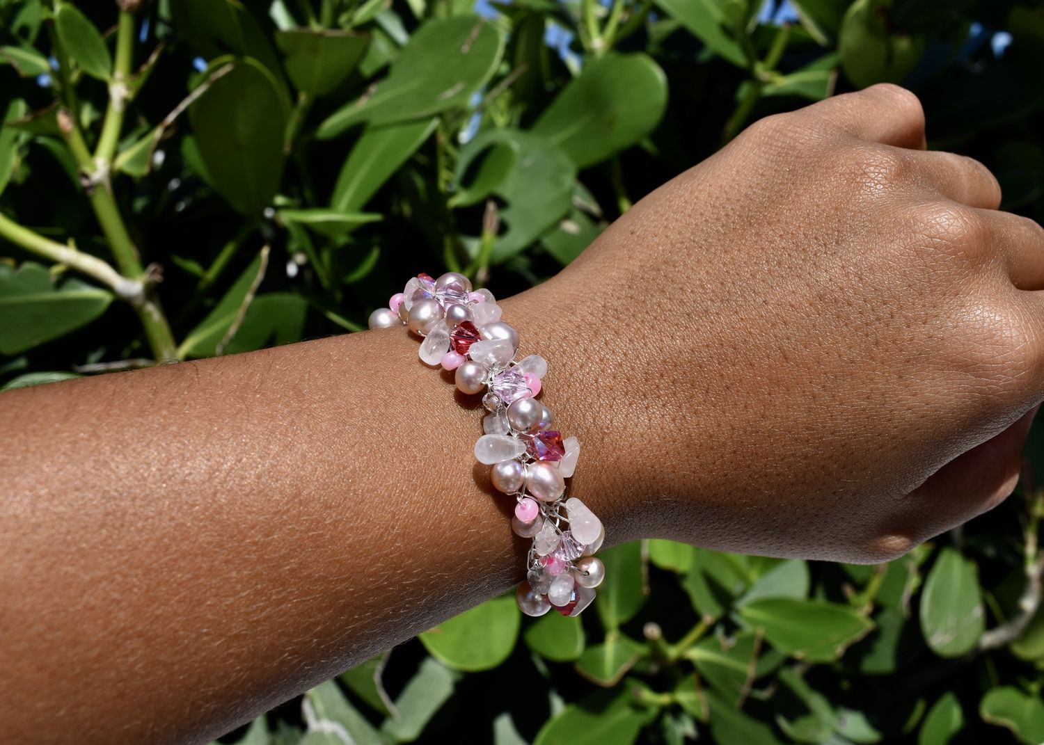 Rose Quartz Pearl Wire Crochet Bracelet