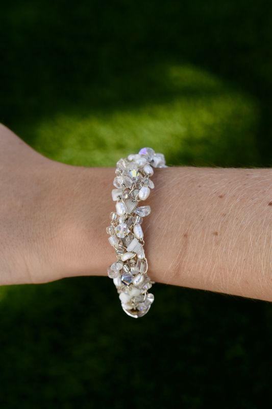Moonstone &amp; Fresh Water Pearl Wire Crochet Bracelet