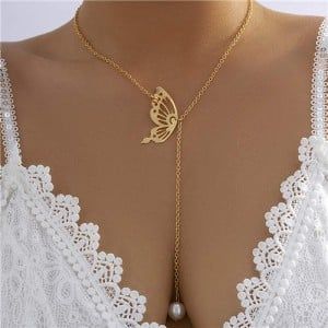 Hollow-out Butterfly with Pearl Pendant, Necklace - Golden