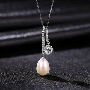 Flower and Natural Pearl Pendant 925 Sterling Silver  Necklace - White
