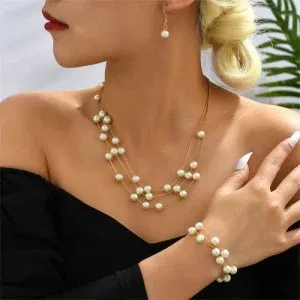 Pearl Fashion Graceful Triple Layers Necklace and Bracelets Jewelry Set
