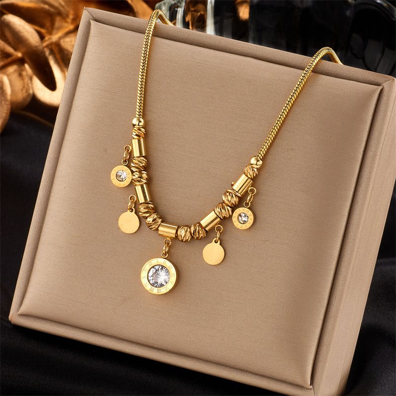 Round Plate Diamond-encrusted Titanium Steel Pendant Necklace