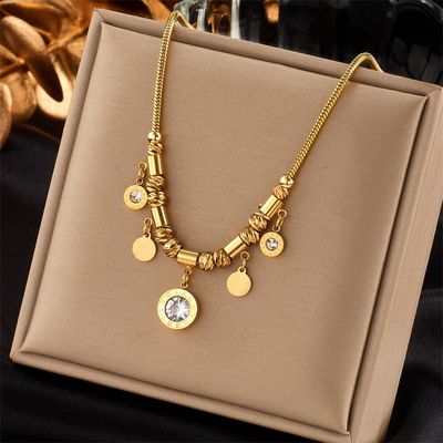 Round Plate Diamond-encrusted Titanium Steel Pendant Necklace