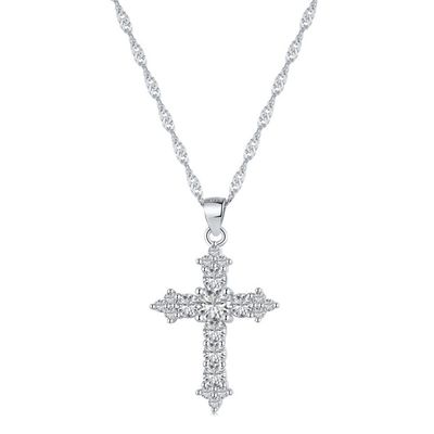 S925 Sterling Silver Diamond Cross Necklace Exquisite