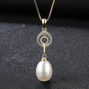 ZIRCONIA INLAID NATURAL PEARL PENDANT 18K GOLD PLATED 925 STERLING SILVER NECKLACE - WHITE