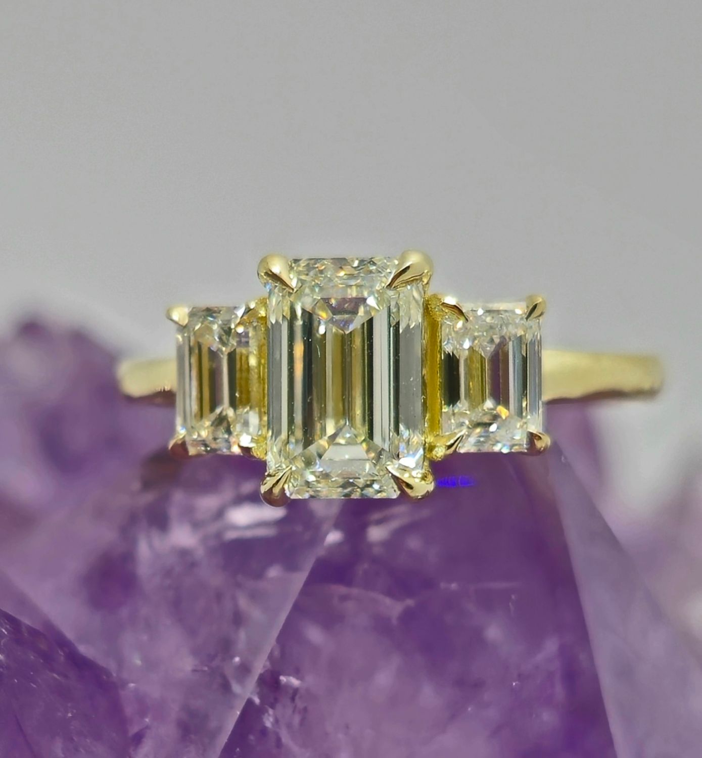 18K Yellow Gold Emarald Cut Diamond Three Stone Engagement Ring