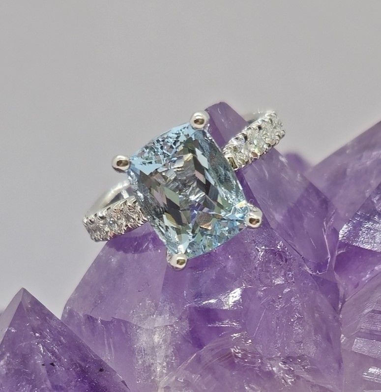 Aquamarine &amp; Diamond Engagement Ring in Platinum