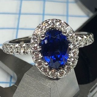 Sapphire &amp; Diamond Halo Engagement Ring in Platinum
