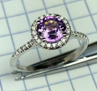 Purple Sapphire &amp; Diamond Halo Engagement Ring in Platinum