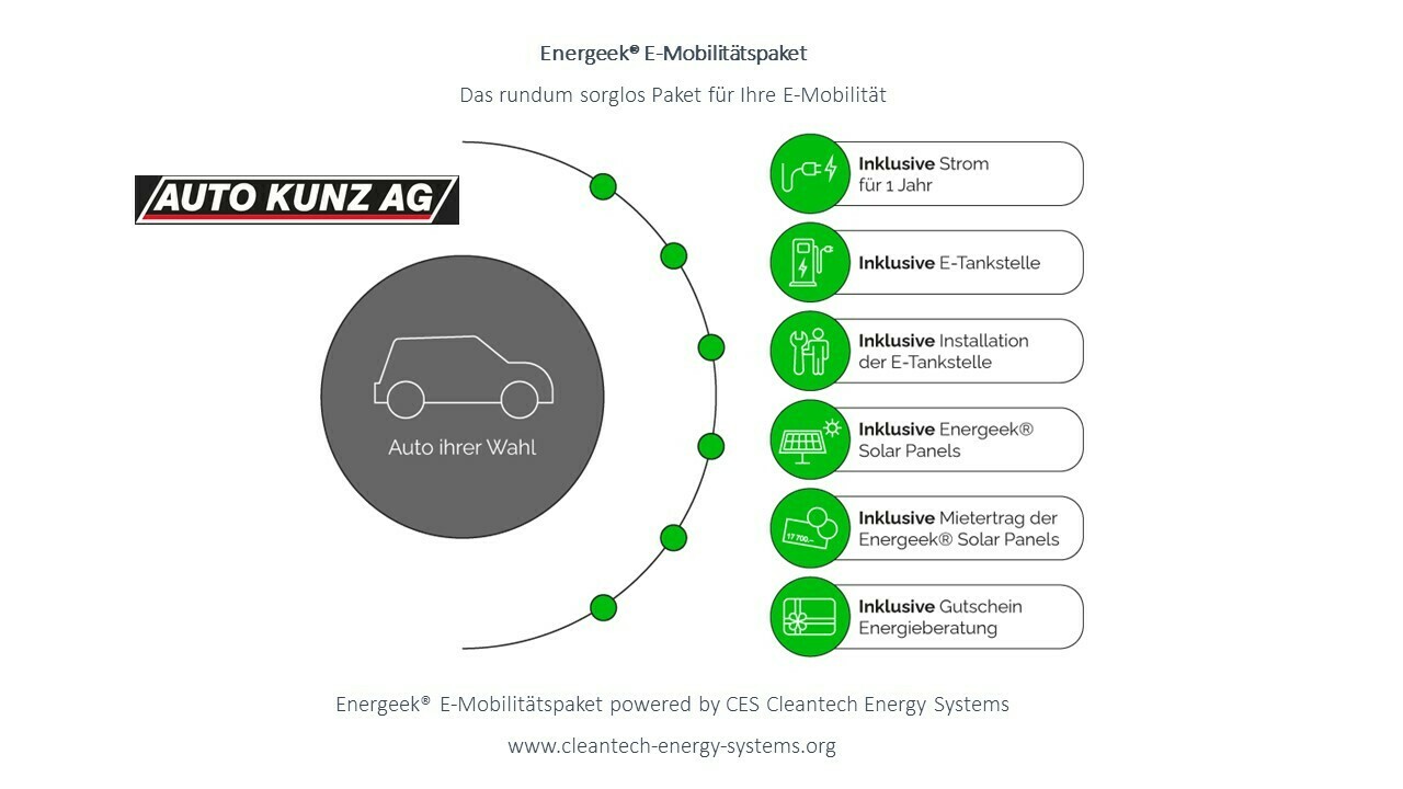 Energeek® E-Mobilitätspaket zusammen mit neuem Auto Kunz Fahrzeug (Elektro, Hybrid, Benziner etc.) mit bis zu 50 % Rabatt & bis 100 % WIR, $, Euro oder Kryptos (Bitcoin, ETH etc.) auf Rechnung kaufen