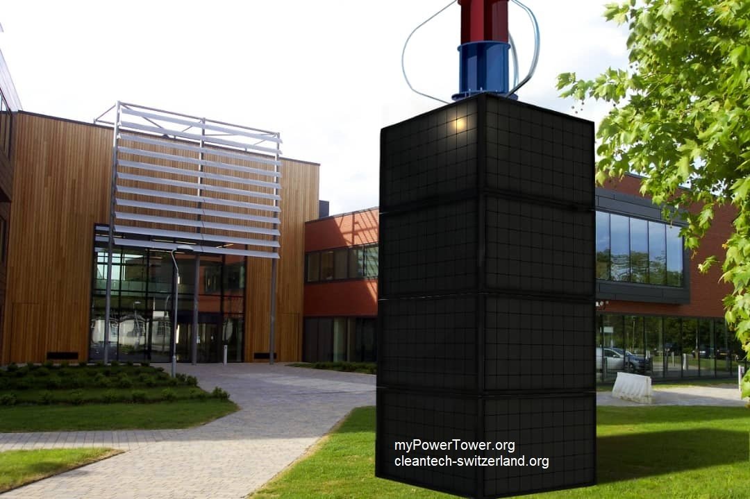 myPowerTower.org by cleantech-shop.org in front of a company with black solarpannels